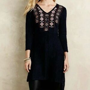 Anthropologie Akemi Kin Embroidered Savin Sweater Dress Tunic Navy Sz Medium